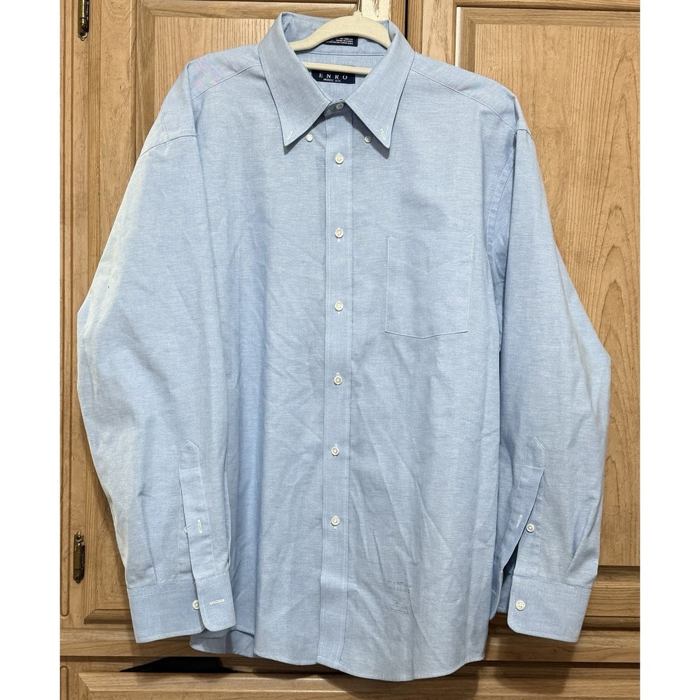 MENS ENRO Dress Shirt Blue Long Sleeve Classic Oxford Sz 17 1/2-35 Wrinkle Less